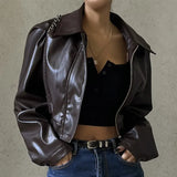 Fongt Women's Fall 2023 New Vintage Temperament Lapel Zipper PU Leather Casual Jacket