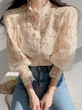 Petal Sleeve Lace Blouses Women Hollow Out Patchwork Stand Collar Shirts Ladies Top White Flower Blouse Female Blusas