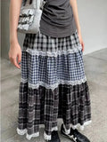 Patchwork Lace Plaid Maxi Skirt-Outfit