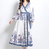 Fongt Court Retro Cross V Tie With Belt Lantern Sleeve Print Big Pendted Dress Woman 2025 Spring