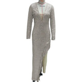 Fongt Dress Dress Tuxeds Slices Waist Deep V Long Sleeve Side Fork Sexy Asymmetric Dress