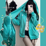 Anime Rabbit Ear Detachable Hoodie Jackets Y2k Long Sleeve Zipper Coat Women Spring New Mid-length Loose Tops Mujer-Outfit