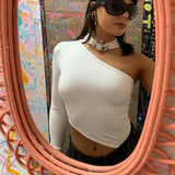 size top tight-fitting ladies strapless summer hotel solid sexy color one-shoulder long-sleeved white solid color