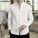 Men Casual Shirt Solid Retro Button Stand Collar Tops Cotton Linen Long Sleeve Chinese Traditional Shirts Men