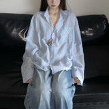 Fongt Autumn New Lazy Wind Relaxed Striped Shirt Coat Female Loose And Versatile Sunscreen Long-Sleeve Shirt-Outfit