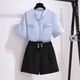 Women 2 Pieces Shorts Sets Summer Sweet Korean Bow Collar Tops And Shorts 2 Pieces Sets Women Clothing Two Pieces Outfits