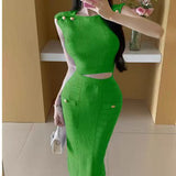Fongt New Sleeveless Nails Clad High-Waist Temperament Famous Half-Dress Knitted Set Two Sets