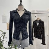 Real Shooting 2025 Spring And Summer New Tie Dye Mesh Elastic Temperament Clasp Tsets Single-Dear Horn Sleeve Shirt
