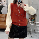 Early Spring New Heavy Industry Color Button Three-Dimensional Diamond Bead Knitted Cardigan Women's Color Spliced Sleeve Short Blouse-Outfit