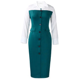 Fongt Women's Autumn And Winter Women's Fashion Career Long-Sleeved Suit Collar Splicing Bag-Gushion Pencil Dress Dress