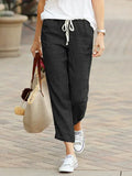 Color Street Loose Casual Drawstring Elastic Waist Cotton Linen Cropped