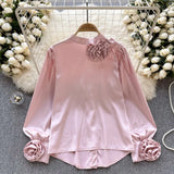Shirt Female Design Sense Three-Dimensional Flower Long Sleeve Temperament Satin Shirt Spring Dress New Jacket Is Versatile-Outfit