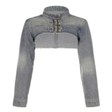 Old Washing Metal Buckle Collar Loose Long-Sleeved Ultra-Short Denim Jacket Blouse 2023 New Style-Outfit