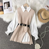 Fongt Design Sense Slit Knit Vest Shirt Foreign Style Reduced Age Two Suit Spring New White Shirt Jacket Female-Outfit