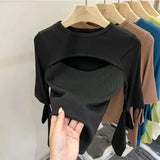 Long Sleeve Tshirt Women Black Tops T Shirts Girl Spring Chic Hollow Out Tee Shirt-Outfit