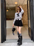 Bow Solid High Waist Pleated A-line Skirt-Outfit
