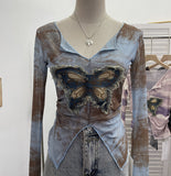 Real Shooting Amount Of Bumpy Tulle Spliced Denim Butterfly Design Sunscreen Coat V Collar Short T-Shirt