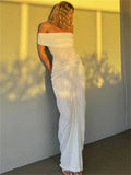 Knit Off-Shoulder Pleated Wrap Maxi Dress-Outfit