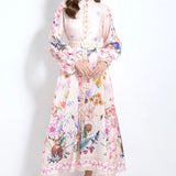 Fongt Court Elegant Fashion Print Single-D Row Lantern Sleeve Dress Women's Waists Thin Big Brand Long Dress