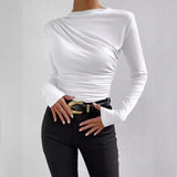 Fongt Solid Color Trim Bottom Shirt Folding Design Long-Sleeved T-Shirt Lady