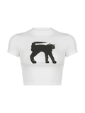 Black Cat Printed Crop Top-Outfit