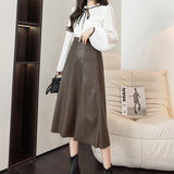 2022 Autumn Winter Women's Skirts Pu Leather Half-length Skirthigh-waist Mid-length A-line Skirt Elegant Splicing Women