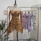 Horn Long Sleeve Bra Strap Bow With Chest Cushion Net Yarn Irregular Open Fork Tat