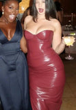 Burgundy Strapless PU Leather Maxi Dress-Outfit