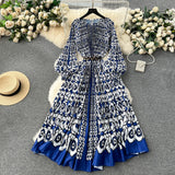 New Women's Dress Dress Oversized Printed Pleated Pleated Waist Belt Holiday Skirt-Outfit