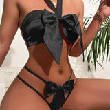 Style Sexy Underwear Sexy Female Bow Three Point Hollow Out Underwear Sexy Suit-Outfit