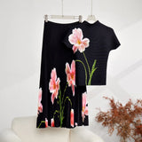 Fongt Fashion Set Women's Summer French High-Grade Folding Print Short-Sleeved Top + Loose A Word 100-Fold Long Skirt
