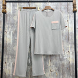 Summer Women's Solid Color Pit Strip Love Embroidery Set Collision Color Pajamas Set Home Clothes-Outfit