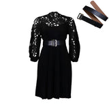Fongt Women's 2025 New Temperament Pure Color Lace Hook Hollow Press Dress