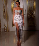 Gorgeous Feather Water Drill Nails Beads Sexy Perspective High Open Fork T-Breast Dress Birthday Party Party