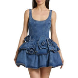 Fongt Explosion Women's Flower Temperament Sleeveless Denim Dress