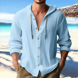 Fongt New Fashion Spring And Summer Men's Hooded Shirt Solid Cotton And Cotton Leisure Long-Sleeved Top.