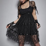 Dark Lace Mall Gothic Aesthetic Black Women Dresses Grunge See Through Sexy Puff Sleeve Mini Dress A-line Summer