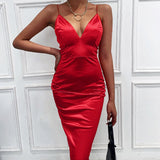 Garden Satin Dress Sexy Dress Women Spaghetti Strap Sleeveless V-neck Red Black Solid Color Slim Low Cut Ladies