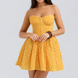 Yellow Strap Jacquard Lace Mini Dress-Outfit
