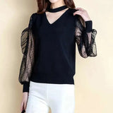 Fashion V-Neck Women's Mesh Long Sleeve T-shirt Spring Autumn All-match Female Clothing Ruffles Spliced Solid Color Tops-Outfit