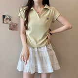 Embroidered Bow Polo Collar Short Sleeve Tee-Outfit