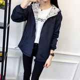 Spring Autumn Women Basic Jacket Pocket Zipper Hooded Two Side Wear Cartoon Print Outwear Loose Coat Windbreaker Female