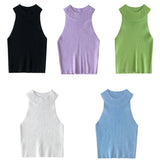 Women Ribbed Halter Tank Crop Tops Summer Spring 2023 Base T-shirt Harajuku Adults Sleeveless Solid Color Round Neck Knit