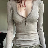 And Casual Solid Color Button Splicing Tight T-Shirt Spring / Summer 2024 New Hot Girl Style V-Collar