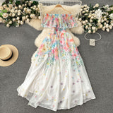 Fongt New Flower Series Holiday Dress Women's Lotus Leaf Side Shoulder-Repair Long Chiffon Fairy Dress