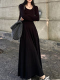 New Round Collar Bottom Dress Long Sleeves Thin Korean Knitted Dress Medium Long European Knitted
