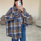 Fongt Women's Fall 2023 New Character Tattoo Long Sleeve Shirt Women's Casual Versatile Baggy Plaid Shirt-Outfit