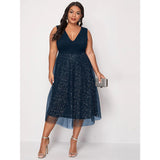 Fongt Women's Clothing Autumn Large-Size-In-Neck V-Neck Sexy Blue Body-In-Body Wave Point High-End Dress