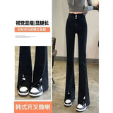 Fongt Waist Jeans Female Spring And Autumn New Slim Slim Straight Wide Leg Open Slit Micro Bell Pants-Outfit
