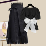 Women Summer Two Pieces Set Korean Casual Backless Bow Bandage Short Sleeve Tops + Irregular Mesh Patchwork Skirt Sets For